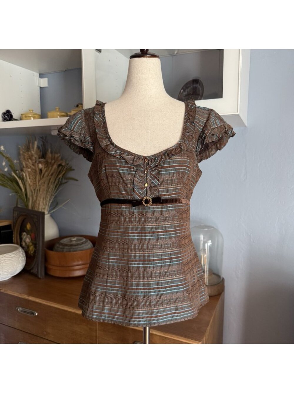 Nanette Lepore Vtg Y2K Milkmaid Babydoll Top Blouse Cap Sleeve Ruffles